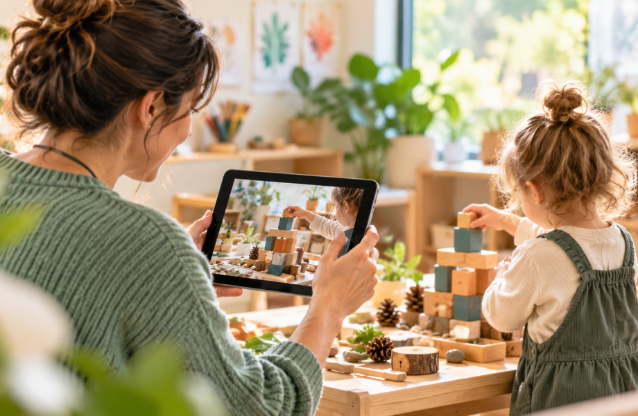 Teacher documenting a child’s learning activity on a tablet without showing the child’s face